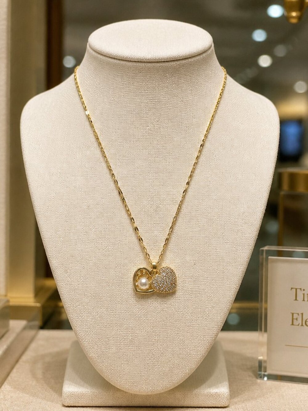 Gold-Tone Double Heart Pendant Necklace with Pearl & Pavé Crystals